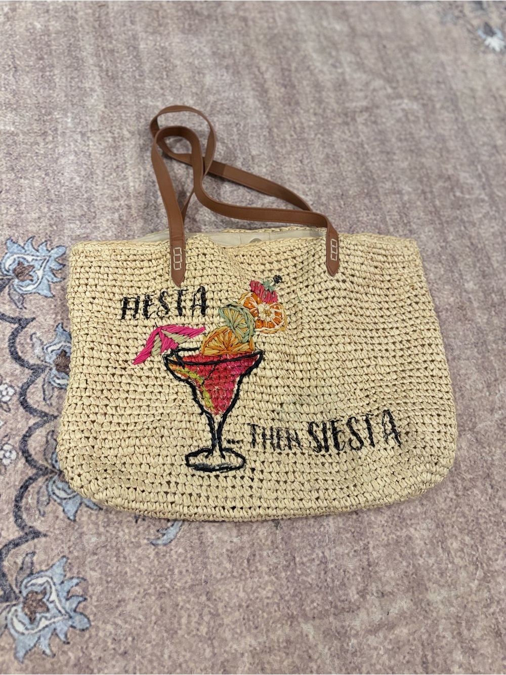 INC International Concepts Natural Straw Tote with Colorful Embroidered Cocktail